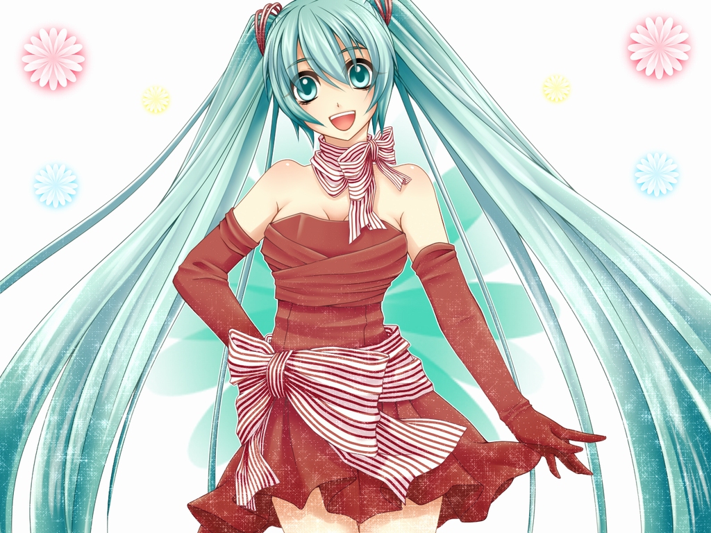 1girl, aqua_eyes, aqua_hair, bad_id, bad_pixiv_id, bow, dress, elbow_gloves