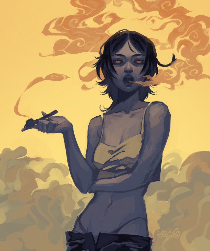 1girl, black_hair, black_sclera, blowing_smoke, chemise, cigarette, cigarette_holder, clothes_pull