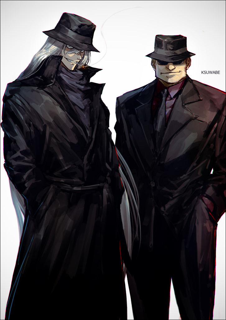 2boys, artist_name, black_headwear, black_jacket, black_pants, black_suit, cigarette, commentary_request