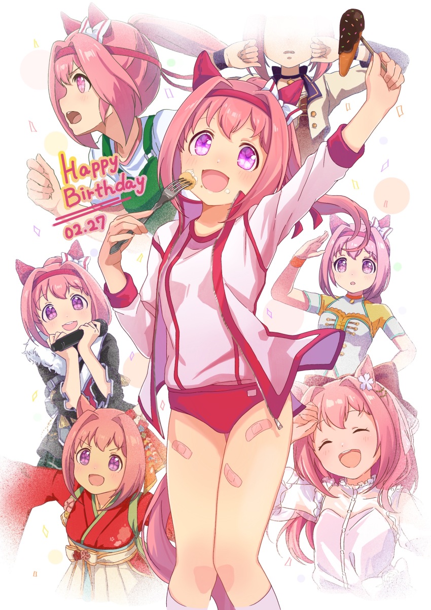 1girl, absurdres, alternate_costume, animal_ears, arm_up, bandaid_on_thigh, bow, buruma