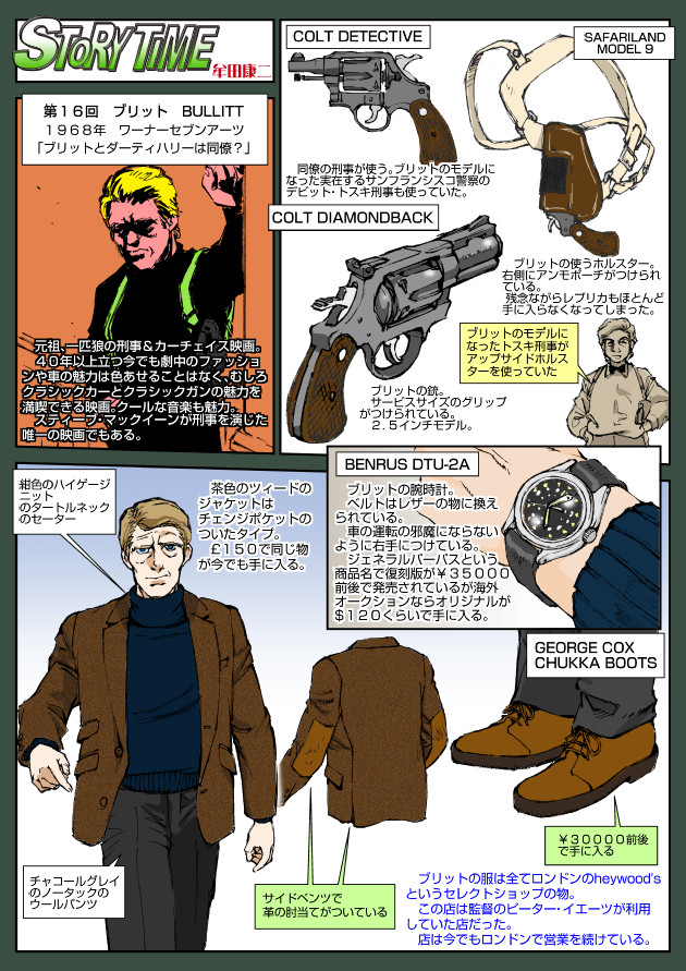 1boy, blonde_hair, blue_shirt, brown_jacket, bullitt, colt's_manufacturing_company, colt_detective_special, colt_diamondback, english_text, frank_bullitt, gun, handgun, holster, jacket, japanese_text, muta_koji, open_clothes, open_jacket, revolver, shirt, story_time_(muta_koji), translation_request, watch, weapon, weapon_focus, weapon_name, weapon_profile