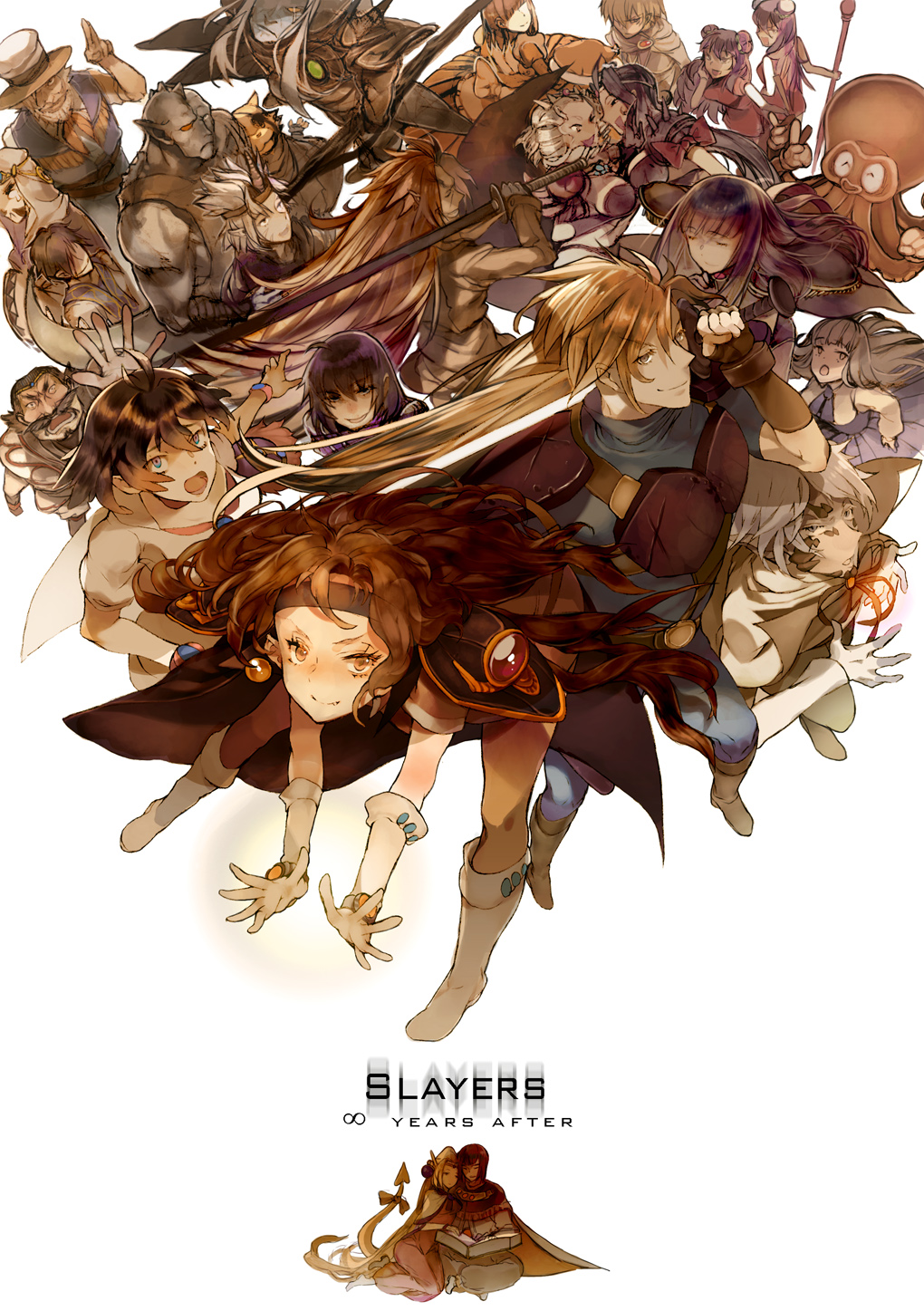 1990s_(style), 6+boys, 6+girls, alfred_saillune, alfred_seyruun, amelia_wil_tesla_saillune, amelia_wil_tesla_seyruun, armace, armor, ashford, beard, black_hair, blonde_hair, blue_eyes, book, boots, bracelet, brown_eyes, brown_hair, chaos_dragon_garv, character_request, christopher_wil_brogg_saillune, christopher_wil_brogg_seyruun, cloak, everyone, eyepatch, facial_hair, fibrizo, filia_ul_copt, garv, gloves, gourry_gabriev, gravos_maunttop, grin, hat, headband, hellmaster_phibrizzo, highres, holding, holding_sword, holding_weapon, horns, jewelry, jillas_jillos_jillas, jillas_jillos_jilles, knee_boots, leiror, lina_inverse, long_hair, luna_inverse, magic, martina_zoana_mel_navratilova, milgazia, mimi_(slayers), multiple_boys, multiple_girls, mustache, naga_the_serpent, nene_(slayers), missing_legwear, octopus, philionel_el_di_seyruun, purple_hair, retro_artstyle, ribbon, short_hair, single_horn, slayers, slayers_try, smile, staff, sword, sylphiel_nels_lahda, tail, top_hat, valgarv, very_long_hair, weapon, white_hair, xelloss, zelgadiss_graywords