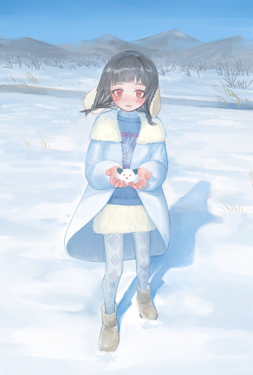 1girl, animal_print, argyle_clothes, argyle_legwear, black_hair, blue_shirt, blush, dot_nose