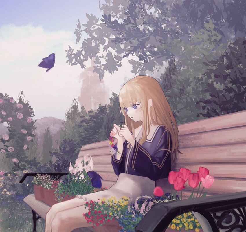 1girl, artist_name, bench, blonde_hair, blue_eyes, blue_shirt, blue_sky, blush, bug, butterfly, flower, flower_pot, flower_wreath, garden, hands_up, highres, holding, holding_wreath, insect, kuwhen, long_hair, long_sleeves, on_bench, open_mouth, original, outdoors, park_bench, shirt, shirt_tucked_in, sidelocks, sitting, skirt, sky, solo, white_skirt