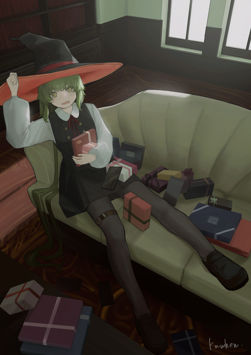 1girl, absurdres, arm_up, artist_name, black_footwear, black_pantyhose, blonde_hair, blush, bookshelf, box, buttons, couch, double-breasted, dress, gift, gift_box, hair_flowing_over, hair_spread_out, hand_on_headwear, hat, highres, holding, holding_gift, indoors, kuwhen, long_hair, long_sleeves, looking_at_viewer, neck_ribbon, on_couch, open_mouth, original, pantyhose, pinafore_dress, red_ribbon, ribbon, shirt, sitting, sleeveless, sleeveless_dress, solo, thigh_strap, very_long_hair, white_shirt, witch_hat, yellow_eyes