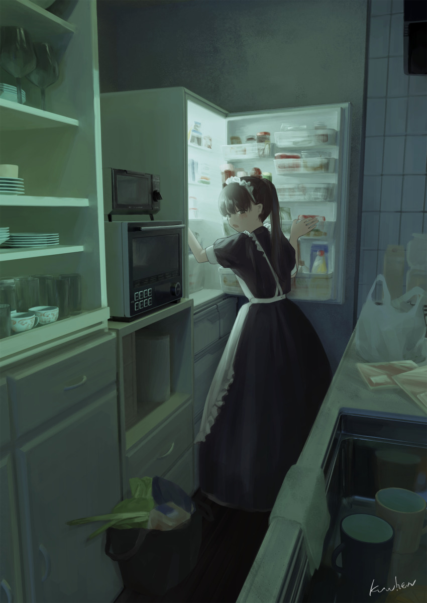 1girl, absurdres, apron, artist_name, bag, blush, brown_hair, cupboard, hands_up, highres, indoors, kitchen, kuwhen, long_hair, looking_at_viewer, maid, maid_apron, maid_headdress, microwave, open_mouth, original, oven, ponytail, refrigerator, refrigerator_interior, shopping_bag, short_sleeves, solo