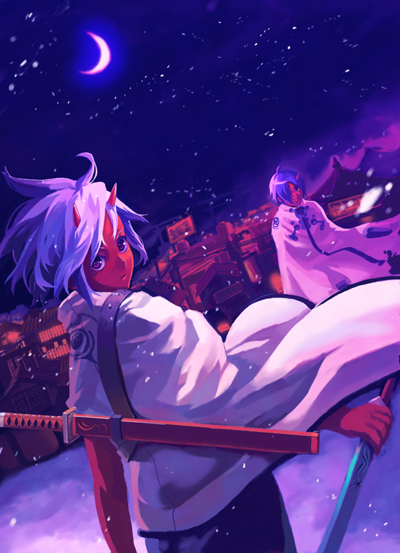 2boys, colored_skin, crescent_moon, horns, male_focus, moon, multiple_boys, ninjato, ninjatou, original, red_eyes, red_skin, short_sword, snow, sword, weapon, won_(toufunokado)