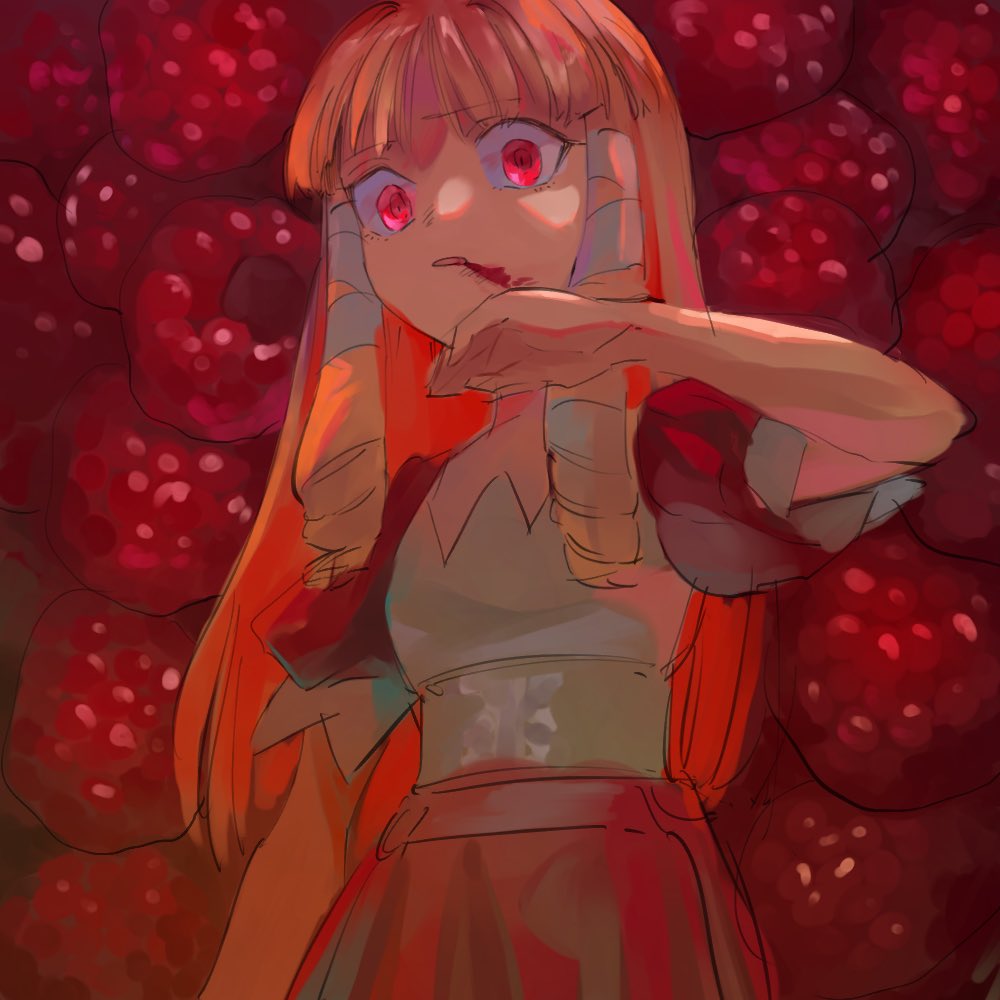 1girl, blonde_hair, boku_to_maou, dress, food, fruit, kijima_(amayadori-tei), long_hair