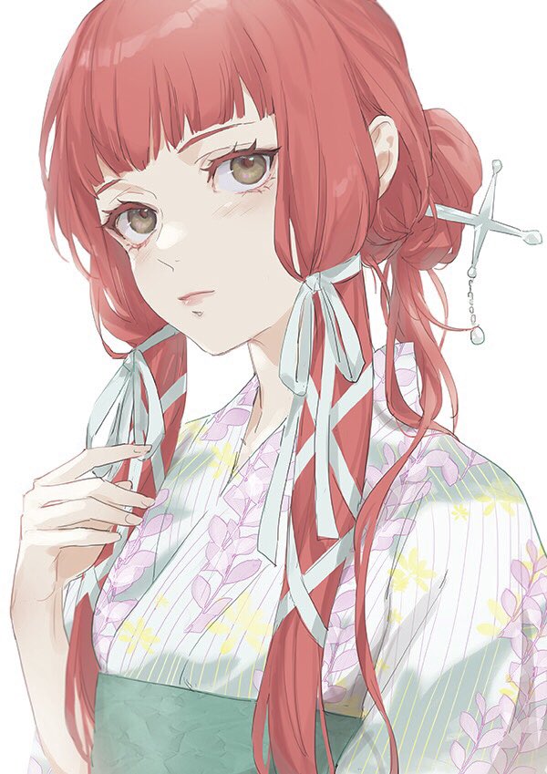 1girl, alternate_costume, alternate_hairstyle, blunt_bangs, brown_eyes, closed_mouth, colored_eyelashes, commentary, expressionless, floral_print, green_sash, hair_bun, hair_ribbon, hand_up, isa_(peien516), japanese_clothes, kimono, knife_in_hair, long_hair, looking_at_viewer, obi, persona, persona_3, red_hair, ribbon, sash, sidelocks, simple_background, single_hair_bun, solo, tress_ribbon, upper_body, white_background, white_kimono, white_ribbon, yoshino_chidori, yukata