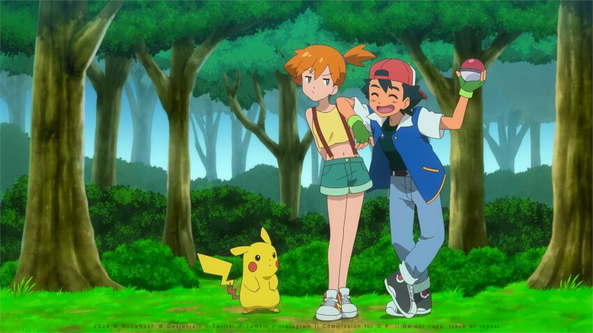 1boy, 1girl, :d, ash_ketchum, backwards_hat, black_shirt, bush, closed_eyes