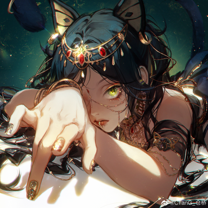 1girl, animal_ears, armlet, back_cutout, bare_shoulders, black_dress, black_hair, bracelet, cat_ears, cat_tail, character_request, chinese_commentary, circlet, closed_mouth, clothing_cutout, commentary_request, ctang_cangqiao, dress, expressionless, eyelashes, face_piercing, gold_bracelet, gold_nails, gold_necklace, green_background, green_eyes, hair_over_shoulder, hair_spread_out, highres, jewelry, lip_piercing, long_hair, looking_at_viewer, lying, nail_art, necklace, nikki_(series), on_bed, on_stomach, one_eye_covered, outstretched_hand, piercing, red_lips, shining_nikki, solo, tail, upper_body, watermark, weibo_watermark