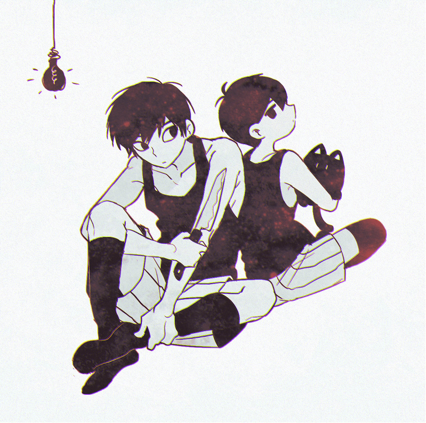 2boys, animal, antenna_hair, arm_between_legs, armpit_crease, black_cat, black_hair, black_socks