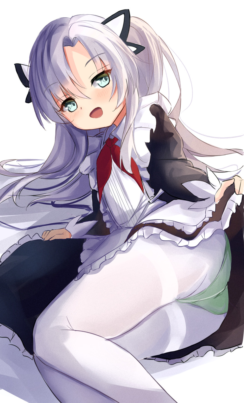 1girl, absurdres, azur_lane, black_dress, blush, center_frills, clothes_lift, commentary_request, dress, dress_lift, frills, green_eyes, green_panties, hair_between_eyes, hamiro, highres, long_hair, long_sleeves, looking_at_viewer, lying, necktie, ognevoy_(azur_lane), on_side, open_mouth, panties, panties_under_pantyhose, pantyhose, red_necktie, school_uniform, simple_background, smile, solo, two-tone_dress, underwear, white_background, white_dress, white_hair, white_pantyhose