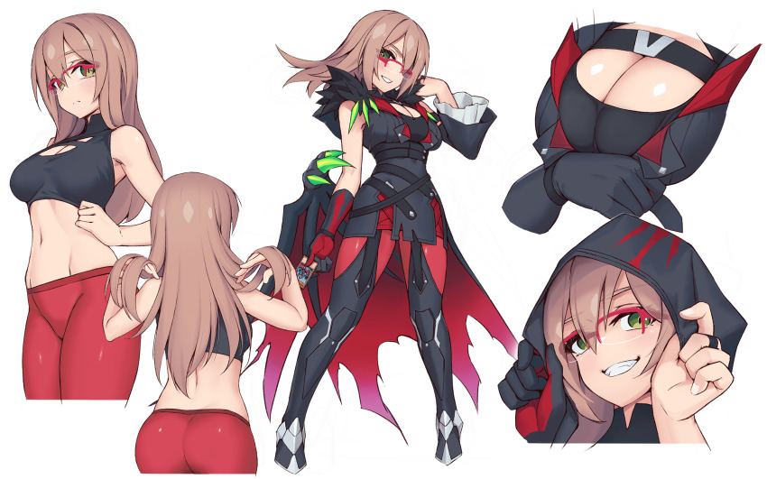 1girl, adjusting_eyewear, breasts, brown_hair, chest_belt, cleavage, cosplay, cosplay_girl_(rotix)