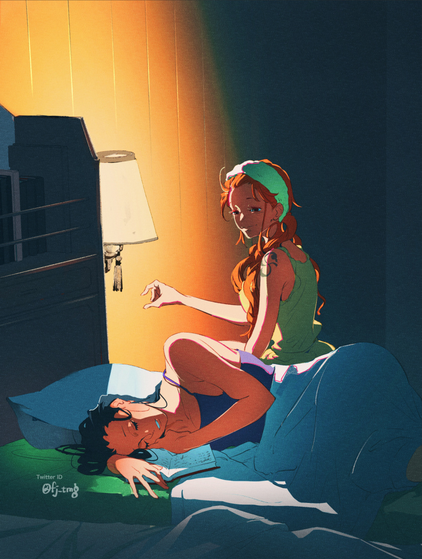 2girls, arm_tattoo, bed_sheet, black_hair, book, camisole, closed_eyes, commentary, fujisee, highres, long_hair, multiple_girls, nami_(one_piece), nico_robin, one_piece, orange_hair, pillow, sleeping, smile, untranslatable_commentary, tattoo, twitter_username