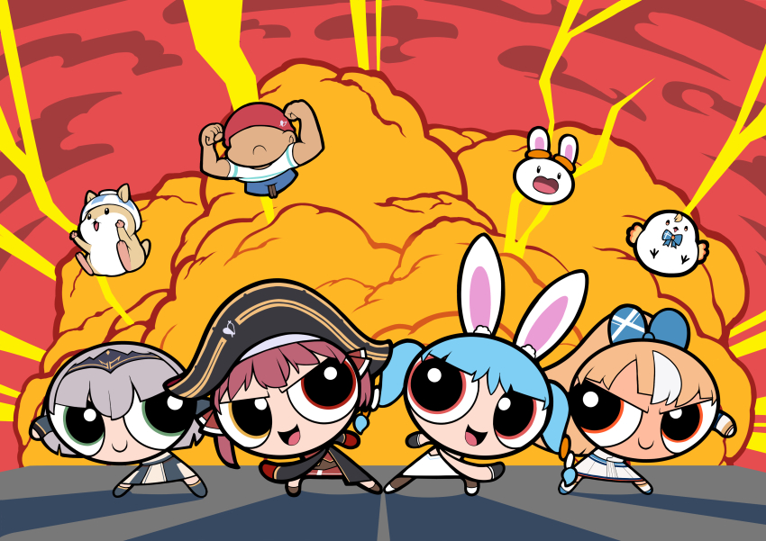 1boy, 4girls, absurdres, animal_ears, aqua_hair, bird, blonde_hair, brown_eyes