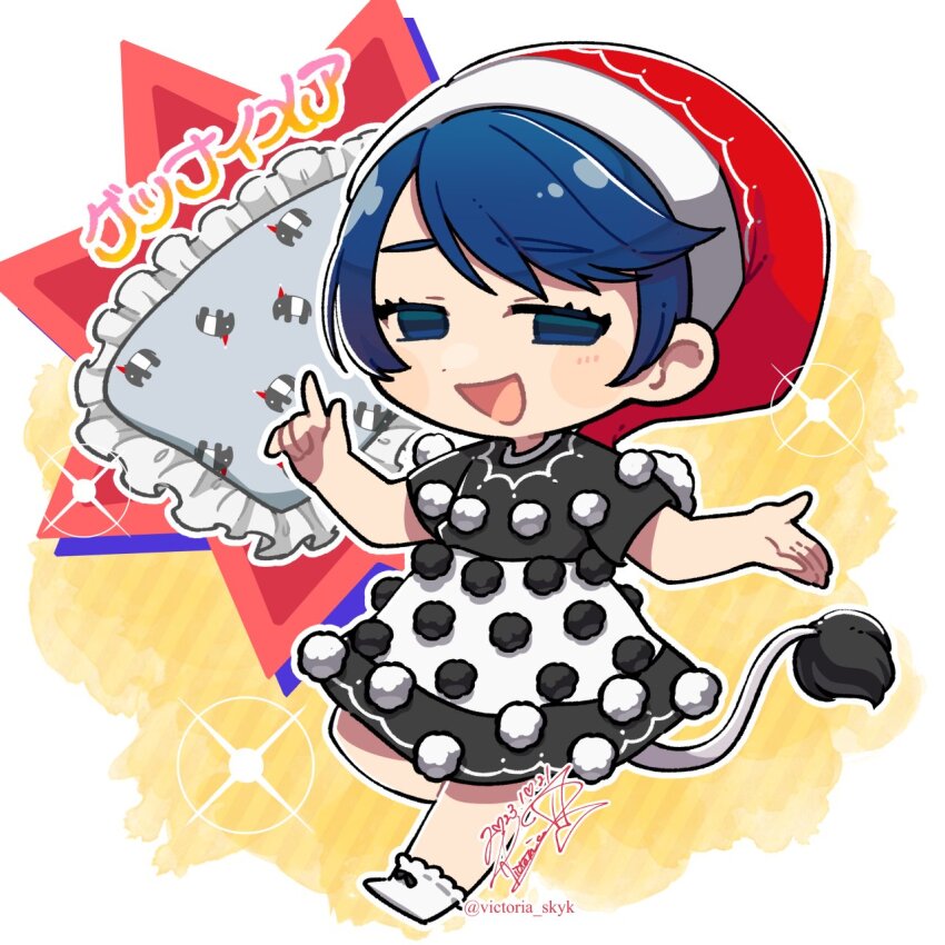 1girl, akatsuki_records, artist_name, black_bow, black_dress, blue_eyes, blue_hair, blush, border, bow, chibi, commentary_request, dated, doremy_sweet, dress, frills, full_body, good_nightmare, hands_up, hat, highres, index_finger_raised, leg_up, looking_at_viewer, no_shoes, open_mouth, outside_border, pillow, pom_pom_(clothes), red_hat, short_hair, short_sleeves, smile, socks, solo, sparkle, standing, standing_on_one_leg, striped_background, tail, tapir_tail, tongue, touhou, two-tone_dress, very_short_hair, victoria_skyk, white_border, white_dress, white_socks, yellow_background