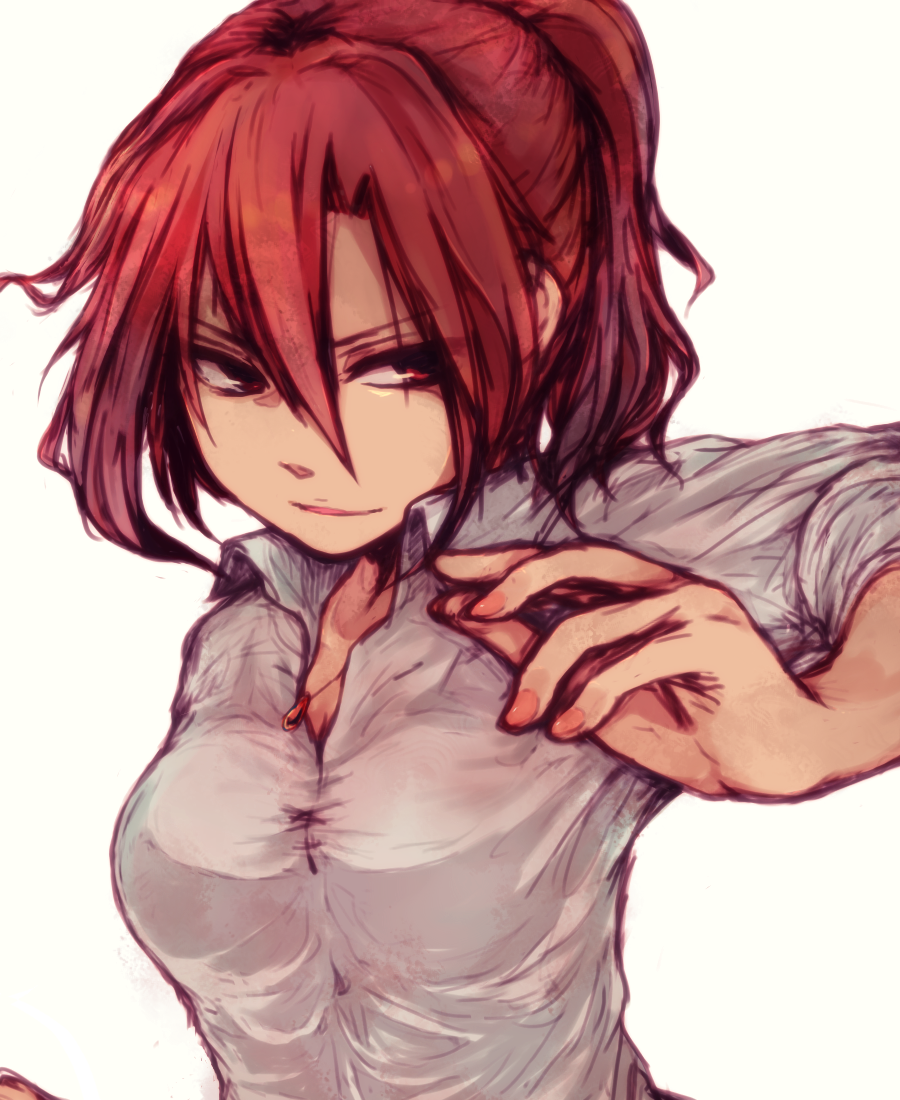 1girl, aozaki_touko, bad_id, bad_pixiv_id, dress_shirt, female_focus, jewelry, kara_no_kyoukai, necklace, ponytail, red_eyes, red_hair, shirotsume_kusa, shirotsume_kusa_(sayern), shirt, sleeves_rolled_up, solo