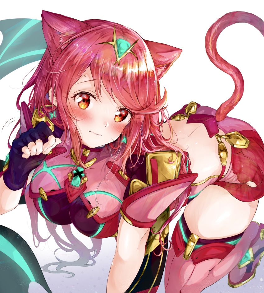 1girl, alternate_hair_length, alternate_hairstyle, animal_ears, breasts, cat_ears, cat_girl, cat_tail, earrings, floating_earrings, highres, large_breasts, nemu_(ut_kakinotane), pyra_(xenoblade), red_eyes, red_hair, solo, tail, xenoblade_chronicles_(series), xenoblade_chronicles_2