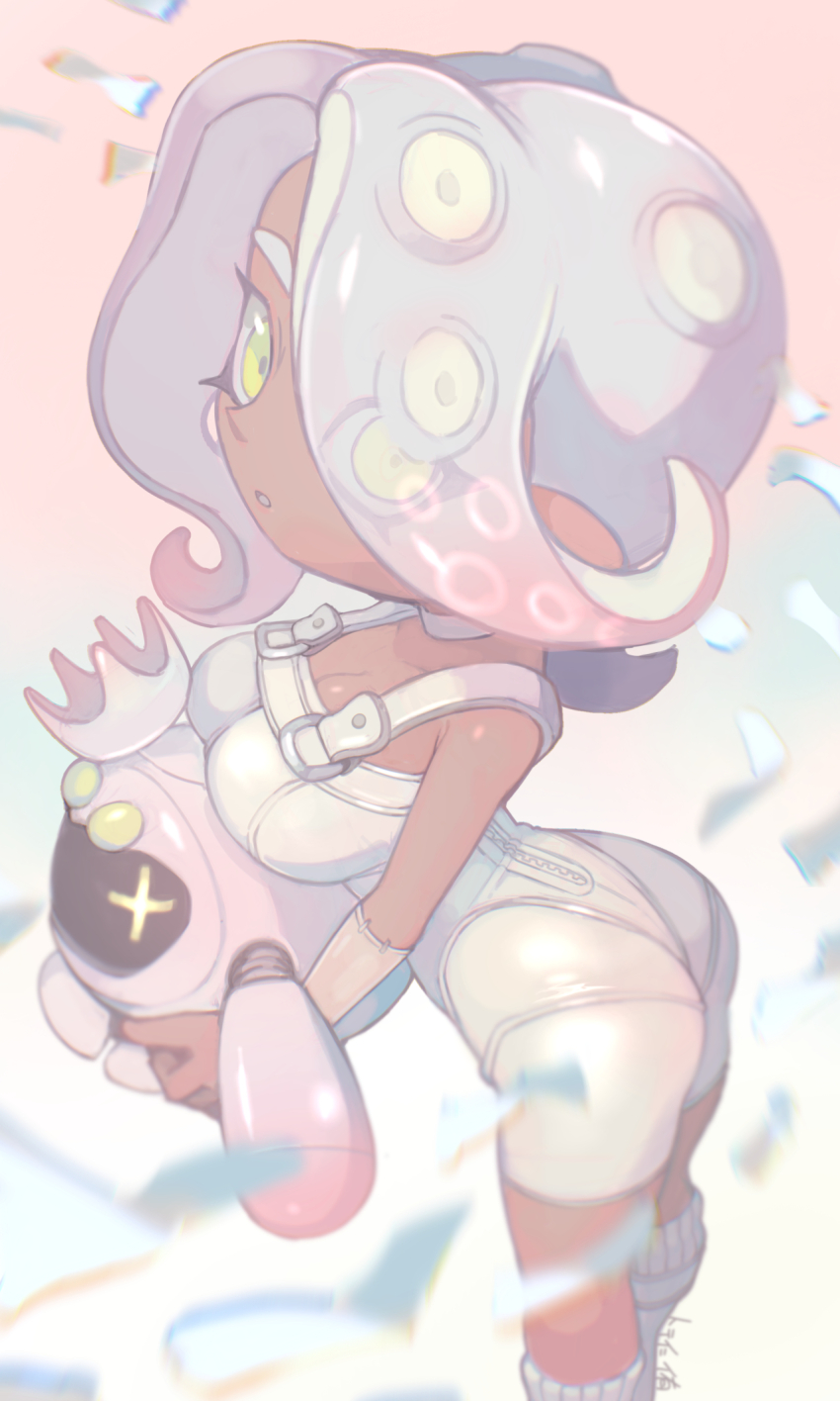 1girl, :o, agent_8_(splatoon), arched_back, arm_warmers, ass, bodysuit, breast_rest, breasts, choker, cleavage, dark-skinned_female, dark_skin, drone, eyes_visible_through_hair, gradient_hair, grey_hair, grey_tongue, highres, large_breasts, medium_hair, minamidena, multicolored_hair, nintendo, octoling, octoling_girl, octoling_player_character, open_mouth, pearl_(splatoon), pearl_drone_(splatoon), pink_hair, single_arm_warmer, solo, splatoon_(series), splatoon_3, splatoon_3:_side_order, standing, suction_cups, tentacle_hair, two-tone_hair, white_bodysuit, white_choker, yellow_eyes, zipper