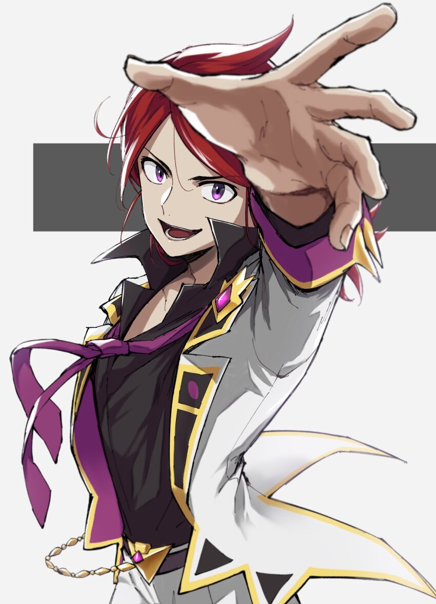 1boy, :d, belt, black_shirt, collared_shirt, commentary_request, cowlick, highres, jacket, looking_at_viewer, male_focus, mocollie, necktie, nintendo, official_alternate_costume, open_clothes, open_jacket, open_mouth, outstretched_arm, pants, pokemon, pokemon_masters_ex, purple_eyes, purple_necktie, red_hair, shirt, silver_(champion)_(pokemon), silver_(pokemon), smile, solo, teeth, white_jacket, white_pants