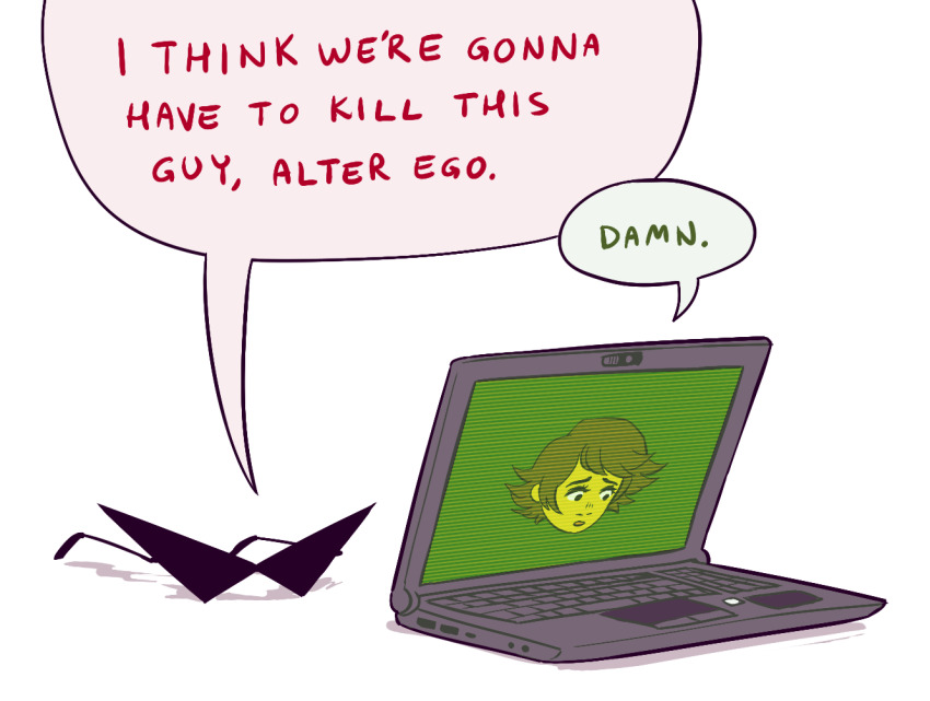 alt_text, alter_ego_(danganronpa), brown_hair, commentary, computer, crossover, danganronpa_(series), danganronpa_2:_goodbye_despair, english_commentary, english_text, homestuck, i_think_we're_gonna_have_to_kill_this_guy_steven_(meme), laptop, lil_hal, meme, pancakemolybdenum_(lovisa), short_hair, simple_background, speech_bubble, sunglasses, trait_connection, triangular_eyewear, unworn_eyewear, white_background