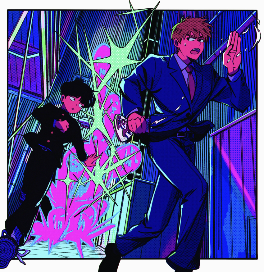 2boys, black_hair, blonde_hair, border, cm_wm, collared_shirt, commentary_request, fleeing