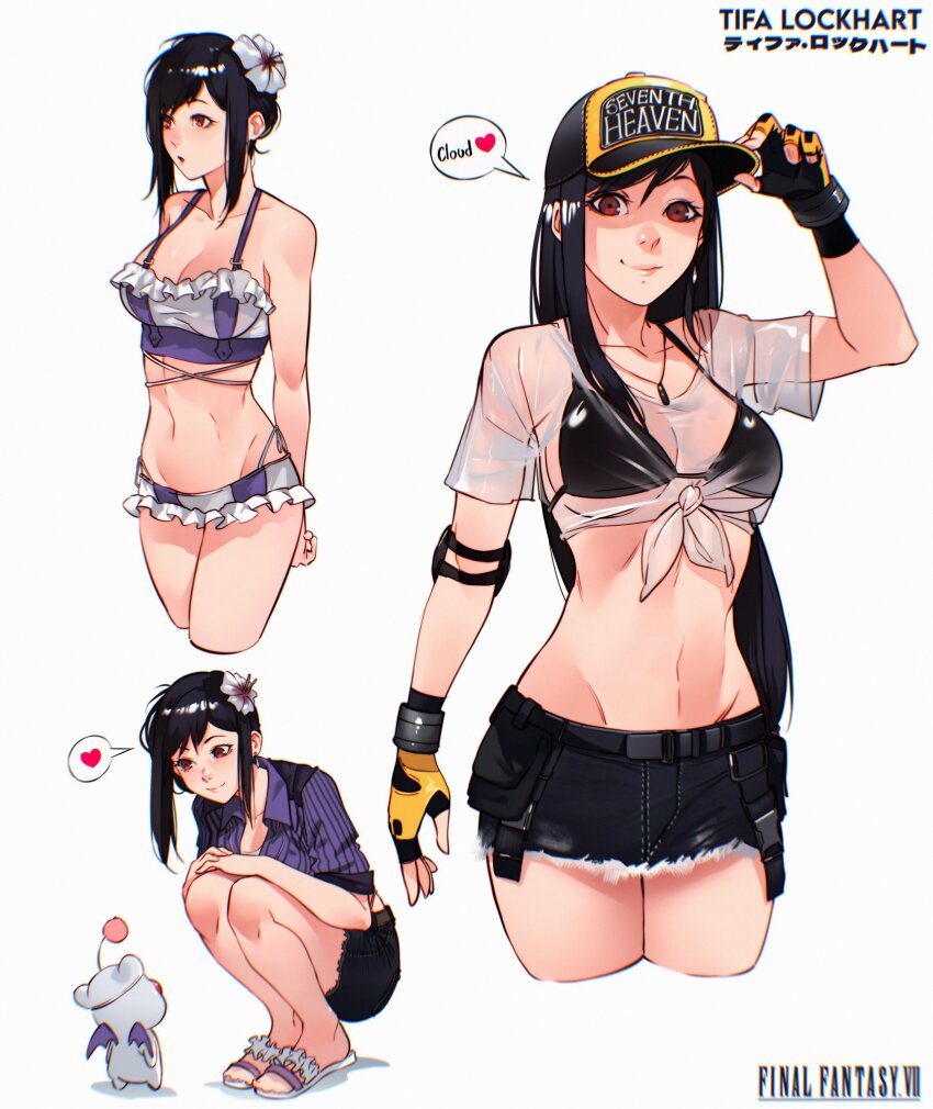 1girl, 1other, baseball_cap, bikini, bikini_skirt, bikini_under_clothes, black_bikini, black_hair, black_shorts, black_skirt, breasts, cesar_art456, cleavage, crop_top, cropped_legs, denim, denim_shorts, denim_skirt, elbow_pads, final_fantasy, final_fantasy_vii, final_fantasy_vii:_ever_crisis, final_fantasy_vii_rebirth, final_fantasy_vii_remake, fingerless_gloves, flower, frayed_skirt, frilled_bikini, frills, front-tie_top, gloves, hair_flower, hair_ornament, hat, heart, highres, looking_at_viewer, miniskirt, moogle, multiple_persona, official_alternate_costume, official_alternate_hairstyle, sandals, see-through_cleavage, see-through_clothes, see-through_shirt, shirt, short_shorts, shorts, single_elbow_pad, skirt, smile, spoken_heart, squatting, swimsuit, thighs, tifa_lockhart, tifa_lockhart_(lifeguard), tifa_lockhart_(majestic_glamour), tifa_lockhart_(shining_spirit), two-tone_headwear, wet, wet_clothes, wet_shirt