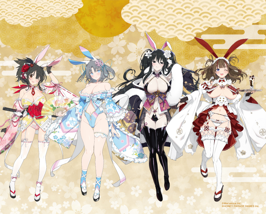 +_+, 4girls, absurdres, adjusting_hair, animal_ear_fluff, animal_ears, apron, armpit_crease, asuka_(senran_kagura), bare_shoulders, black_eyes, black_footwear, black_garter_belt, black_garter_straps, black_gloves, black_hair, blue_eyes, blue_leotard, blue_ribbon, blush, boots, bow, bowtie, bra, breast_curtains, breasts, brown_eyes, chinese_knot, chocolate, cleavage, closed_mouth, clothing_cutout, collar, collarbone, cup, dessert, detached_collar, detached_sleeves, earrings, fingerless_gloves, floating_hair, floral_background, floral_print, flower, flower-shaped_pupils, folding_fan, food, frilled_apron, frilled_collar, frilled_kimono, frilled_sleeves, frilled_thigh_strap, frilled_thighhighs, frills, fubuki_(senran_kagura), fuchi_(hilt), full_body, fur_trim, garter_belt, garter_straps, gem, glass, gloves, gluteal_fold, grey_hair, groin, hair_between_eyes, hair_flower, hair_ornament, hair_ribbon, hand_fan, hand_on_own_hip, highleg, highres, holding, holding_fan, holding_food, holding_ice_cream, holding_tray, ice_cream, jacket, japanese_clothes, jewelry, katana, kimono, large_breasts, leotard, lily_(flower), linea_alba, long_hair, long_sleeves, looking_at_viewer, low_neckline, maid, maid_apron, maid_headdress, marvelous, midriff, mismatched_earrings, multicolored_hair, multicolored_kimono, multiple_girls, navel, necktie, no_bra, obi, obiage, obijime, official_alternate_costume, official_alternate_hairstyle, official_art, okobo, one_eye_closed, open_mouth, pale_skin, panties, paper_fan, parfait, pearl_(gemstone), pink_kimono, pink_panties, pink_pupils, platform_sandals, playboy_bunny, pom_pom_(clothes), ponytail, print_kimono, puffy_detached_sleeves, puffy_sleeves, rabbit_ears, rabbit_girl, red_bow, red_bowtie, red_flower, red_hair, red_necktie, red_rose, red_scarf, revealing_clothes, ribbon, ribbon-trimmed_kimono, ribbon-trimmed_panties, ribbon-trimmed_sleeves, ribbon-trimmed_thighhighs, ribbon_trim, rose, same-hada, sandals, sash, saya_(scabbard), scarf, senran_kagura, senran_kagura_new_link, senran_kagura_shinovi_versus, senran_kagura_shoujo-tachi_no_shin'ei, sheath, sheathed, shiny_skin, short_hair, short_ponytail, showgirl_skirt, sidelocks, sleeve_ribbon, smile, socks, standing, standing_on_one_leg, stomach_cutout, streaked_hair, string_panties, sweets, sword, symbol-shaped_pupils, tabi, teeth, thigh_boots, thigh_gap, thigh_strap, thighhighs, thong, toki_(senran_kagura), tongue, tray, tsuka-ito, tsuka_(handle), twintails, two-tone_hair, two-tone_kimono, unconventional_maid, underboob, underwear, upper_teeth_only, wa_maid, waist_apron, waist_bow, weapon, white_apron, white_flower, white_garter_straps, white_kimono, white_lily, white_panties, white_ribbon, white_rose, white_socks, white_thighhighs, wide_sleeves, yaegashi_nan, yellow_background, yellow_kimono, yumi_(senran_kagura)