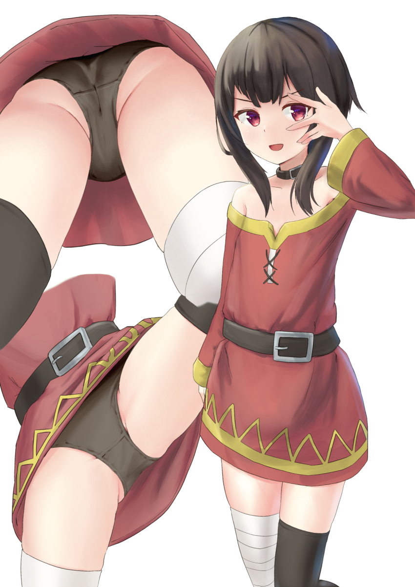 1girl, :d, ass, asymmetrical_legwear, bandaged_leg, bandages, bare_shoulders, belt, belt_buckle, black_choker, black_panties, black_thighhighs, brown_hair, buckle, choker, chuunibyou, close-up, collarbone, commentary, cowboy_shot, cross-laced_clothes, cross-laced_dress, crotch_seam, dress, flat_chest, from_below, hand_over_eye, highres, kono_subarashii_sekai_ni_shukufuku_wo!, kubure, light_blush, looking_at_viewer, megumin, mismatched_legwear, mtu_virus, multiple_views, missing_headwear, off_shoulder, open_mouth, panties, pantyshot, red_dress, red_eyes, short_hair, short_hair_with_long_locks, simple_background, single_thighhigh, smile, thighhighs, underwear, upskirt, v-shaped_eyebrows, white_background