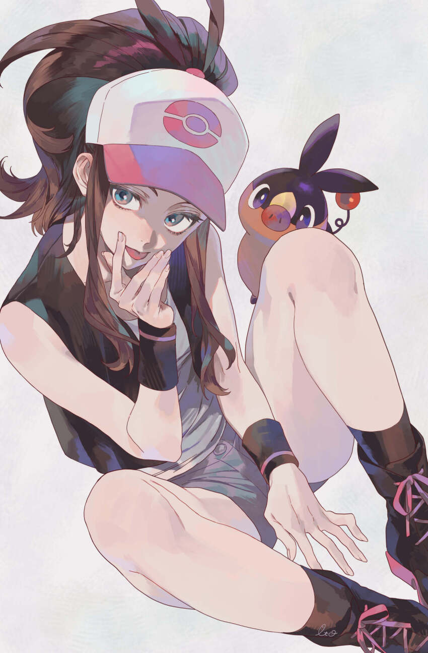 1girl, baseball_cap, black_vest, blue_eyes, brown_hair, denim, denim_shorts, gen_5_pokemon