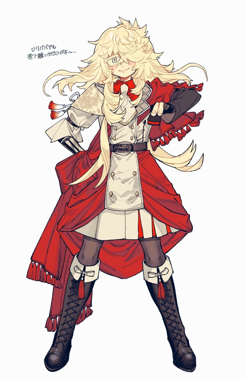 1girl, armor, black_boots, black_gloves, blonde_hair, boots, brown_pantyhose, closed_mouth