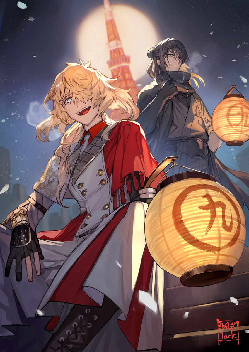 2boys, :d, armor, artist_name, black_boots, black_gloves, black_hair, black_scarf