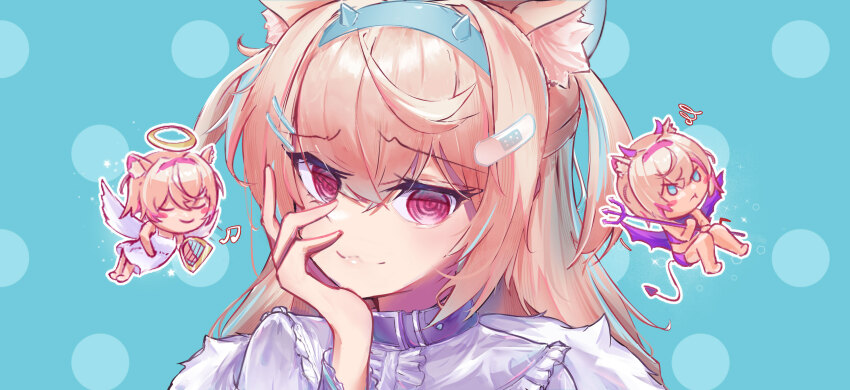 2girls, @_@, absurdres, animal_collar, animal_ears, bandaid, bandaid_hair_ornament, black_background, black_collar, blonde_hair, blue_hair, blue_hairband, collar, commentary, dog_ears, dress, fake_horns, frilled_shirt_collar, frills, fuwawa_abyssgard, fuwawa_abyssgard_(1st_costume), hair_ornament, hairband, hairclip, hand_on_own_cheek, hand_on_own_face, highres, hololive, hololive_english, horn_hairband, horns, long_hair, long_sleeves, mococo_abyssgard, multicolored_hair, multiple_girls, pink_eyes, pupingai, red_eyes, shoulder_angel, shoulder_devil, siblings, sisters, solo_focus, spiked_collar, spikes, streaked_hair, twins, two_side_up, upper_body, virtual_youtuber, white_dress