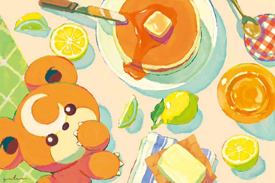 animal_focus, arm_on_table, bear, brown_eyes, butter, carpet, commentary, covering_own_mouth, crescent, crescent_facial_mark, facial_mark, food, forehead_mark, from_above, fruit, gatao, gen_2_pokemon, honey, jar, knife, lemon, lemon_slice, looking_at_viewer, maple_syrup, nintendo, no_humans, pancake, plate, pokemon, pokemon_(creature), signature, solid_circle_eyes, solo, spoon, untranslatable_commentary, table, teddiursa