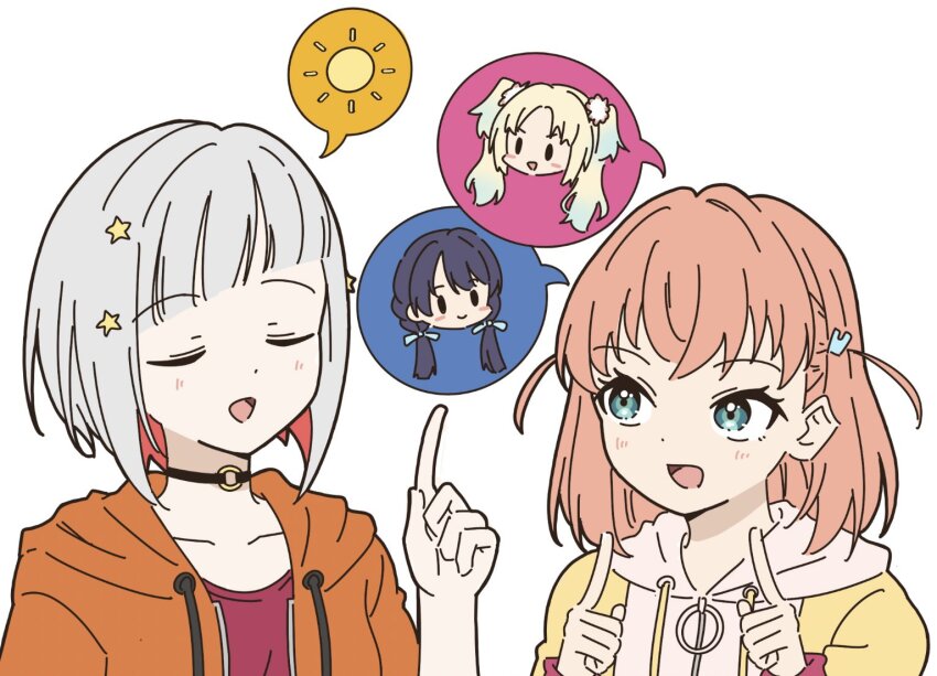 4girls, choker, closed_eyes, collarbone, colored_inner_hair, colored_speech_bubble, commentary_request, green_eyes