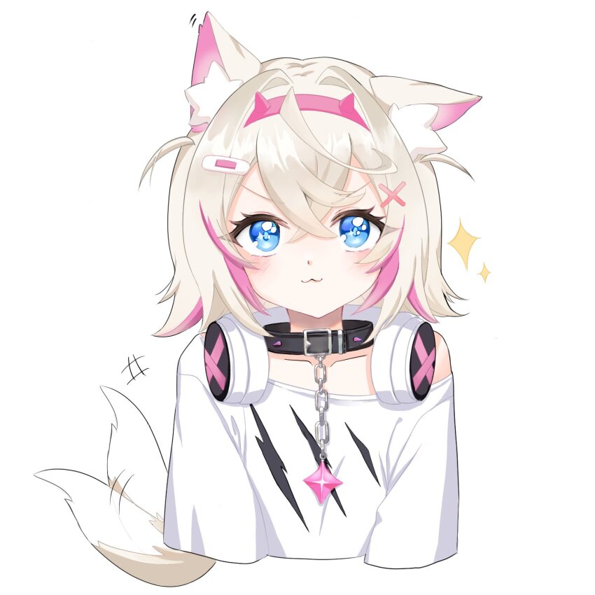 1girl, :3, animal_collar, animal_ear_fluff, animal_ears, bandaid, bandaid_hair_ornament, black_collar, blonde_hair, blue_eyes, blush, closed_mouth, collar, commentary, cropped_torso, crossed_bangs, dear_arisu, dog_ears, dog_girl, dog_tail, double-parted_bangs, english_commentary, fake_horns, flat_chest, hair_between_eyes, hair_intakes, hair_ornament, hairband, headphones, headphones_around_neck, highres, hololive, hololive_english, horn_hairband, horns, looking_at_viewer, mococo_abyssgard, mococo_abyssgard_(1st_costume), multicolored_hair, off_shoulder, pink_hair, pink_hairband, print_shirt, shirt, short_hair, simple_background, single_bare_shoulder, smile, solo, spiked_collar, spikes, streaked_hair, t-shirt, tail, tail_wagging, two_side_up, v-shaped_eyebrows, virtual_youtuber, white_background, white_shirt, x_hair_ornament
