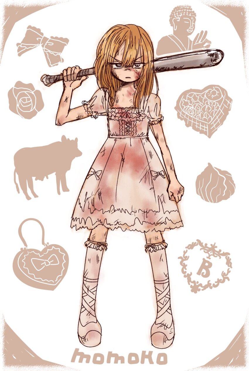 1girl, aluminum_bat, baseball_bat, blonde_hair, blood, blood_on_clothes, blood_on_face, boots, border, bow, brown_border, brown_eyes, bruise, buddha, cabbage, character_name, closed_mouth, cow, dress, expressionless, ezaki_bisuko, flower, heart, heart-shaped_bag, highres, holding, holding_baseball_bat, injury, long_hair, looking_at_viewer, pink_dress, pink_ribbon, puffy_short_sleeves, puffy_sleeves, ribbon, ryuugasaki_momoko, shimotsuma_monogatari, short_sleeves, socks, solo, standing, white_background, white_boots, white_socks