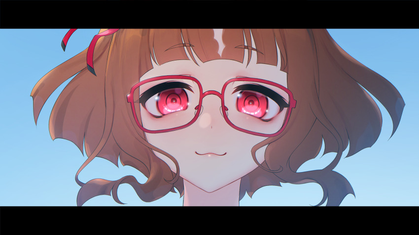 1girl, :3, blue_background, brown_hair, closed_mouth, glasses, highres, letterboxed