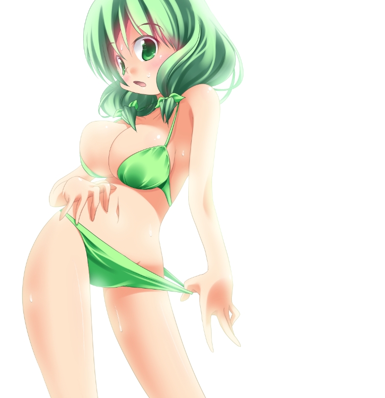 1girl, bikini, bikini_pull, breasts, cleavage, clothes_pull, female_focus, green_hair