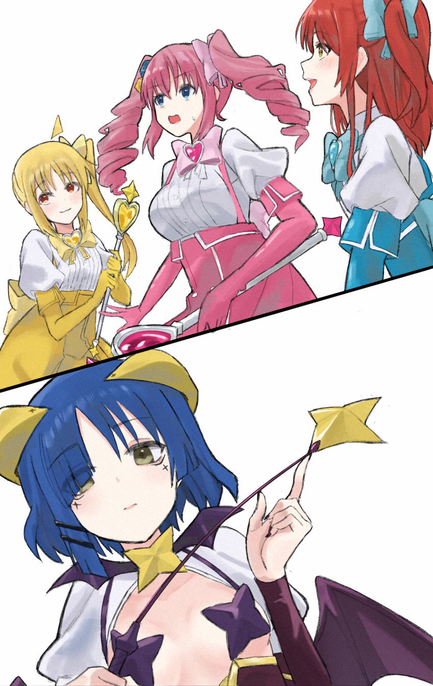 4girls, absurdres, ahoge, asymmetrical_hair, black_nails, blonde_hair, blue_bow, blue_eyes