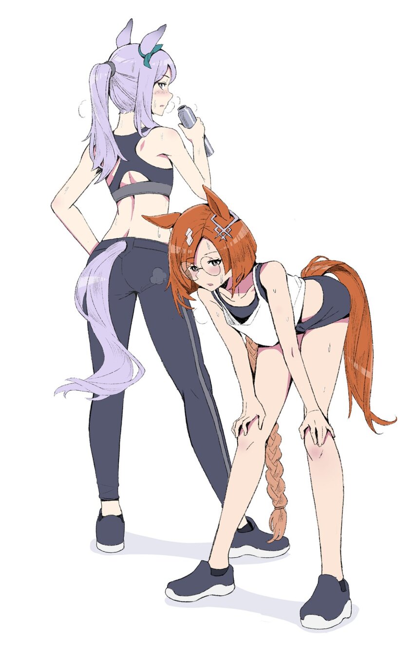 2girls, animal_ears, bent_over, black_shoes, black_shorts, black_socks, braid, braided_ponytail