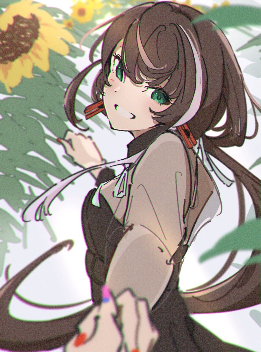 2girls, aru_(sinsekai), asu_(sinsekai), atenaba, black_dress, blurry, blurry_foreground, brown_hair