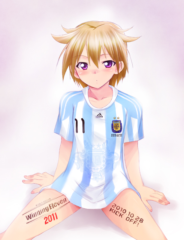 1girl, adidas, argentina, argentinian_flag, argentinian_flag_print, blonde_hair, clothes_writing, company_connection, female_focus, flag_print, ijuuin_mei, kaiga, konami, no_pants, pro_evolution_soccer, pro_evolution_soccer_2011, purple_eyes, shirt, short_hair, soccer_uniform, solo, sportswear, striped_clothes, striped_shirt, tokimeki_memorial, tokimeki_memorial_2, vertical-striped_clothes, vertical-striped_shirt