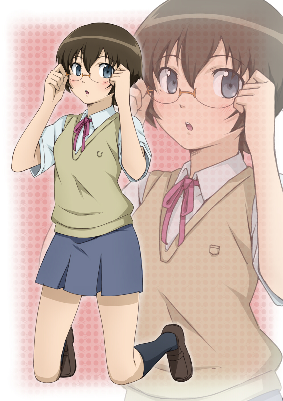 1girl, adjusting_eyewear, bad_id, bad_pixiv_id, breasts, female_focus, glasses, grey_eyes