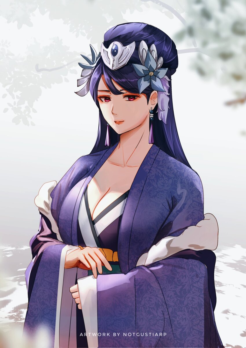 1girl, blue_hair, breasts, chinese_clothes, crown, earrings, flower, hair_flower