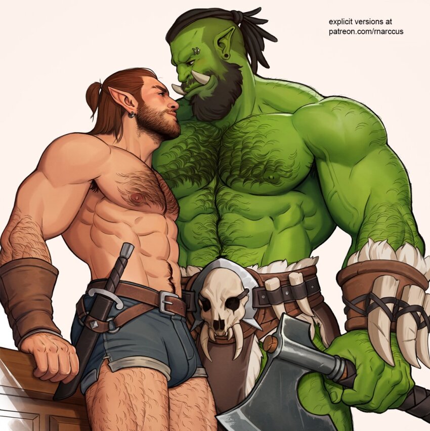 2boys, abs, arm_hair, armpit_hair, armpit_hair_peek, axe, back_hair, bara