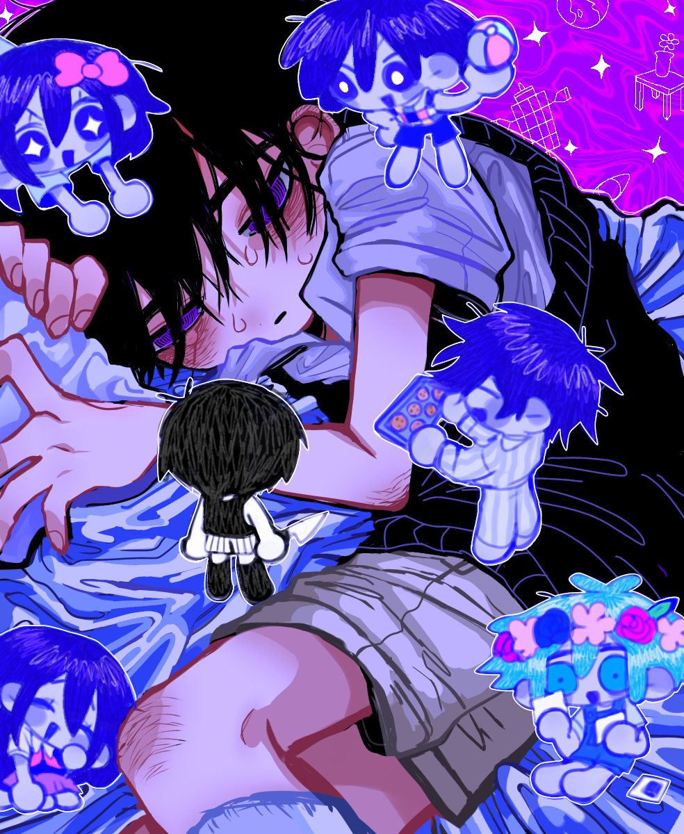 +_+, 2girls, 5boys, @_@, alternate_eye_color, antenna_hair, aqua_eyes, aqua_hair, aqua_shirt, aubrey_(headspace)_(omori), aubrey_(omori), bags_under_eyes, ball, barefoot, basil_(headspace)_(omori), basil_(omori), beachball, black_eyes, black_hair, black_socks, black_sweater_vest, black_tank_top, blue_eyes, blue_hair, blue_overalls, blue_pajamas, blue_shorts, blush, bow, bright_pupils, brother_and_sister, brothers, brown_skirt, checkered_clothes, checkered_shirt, chibi, closed_eyes, colored_skin, cookie, dual_persona, food, hair_behind_ear, hair_between_eyes, hair_bow, hand_on_own_face, hand_on_own_hip, head_wreath, hero_(headspace)_(omori), hero_(omori), highres, holding, holding_ball, holding_beachball, holding_knife, holding_photo, holding_tray, kel_(headspace)_(omori), kel_(omori), kitchen_knife, kneehighs, kneeling, knife, kobanzame_omo, leaf, long_hair, long_sleeves, looking_at_another, looking_at_object, mari_(headspace)_(omori), mari_(omori), messy_hair, multiple_boys, multiple_girls, neckerchief, omori, omori_(omori), open_mouth, overall_shorts, overalls, pajamas, pants, parted_lips, photo_(object), pink_bow, purple_eyes, red_neckerchief, shirt, short_hair, short_sleeves, shorts, siblings, sitting, skirt, smile, socks, solo_focus, striped_clothes, striped_pajamas, striped_pants, striped_shirt, striped_shorts, sunny_(omori), sweat, sweater_vest, tank_top, tray, vertical-striped_clothes, vertical-striped_pajamas, vertical-striped_pants, vertical-striped_shirt, vertical-striped_shorts, white_pajamas, white_pupils, white_shirt, white_shorts, white_skin, white_socks