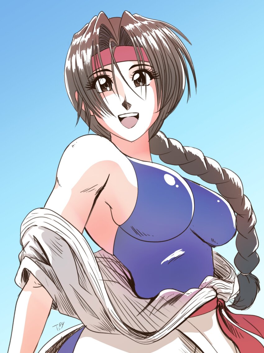 absurdres, breasts, brown_eyes, brown_hair, hairbraid, headband, highres, japanese_clothes