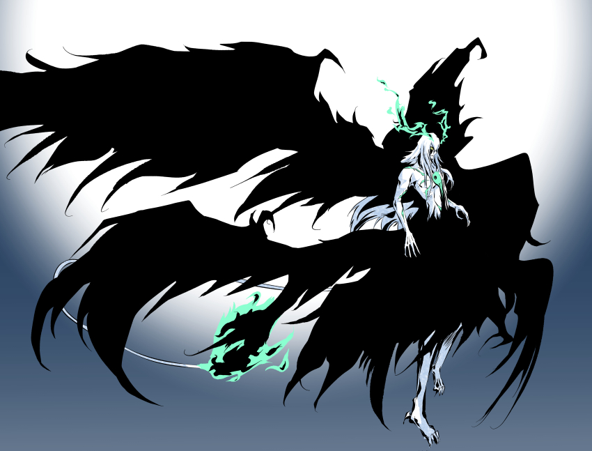 1boy, absurdres, alternate_form, arrancar, barefoot, black_fur, black_wings, bleach